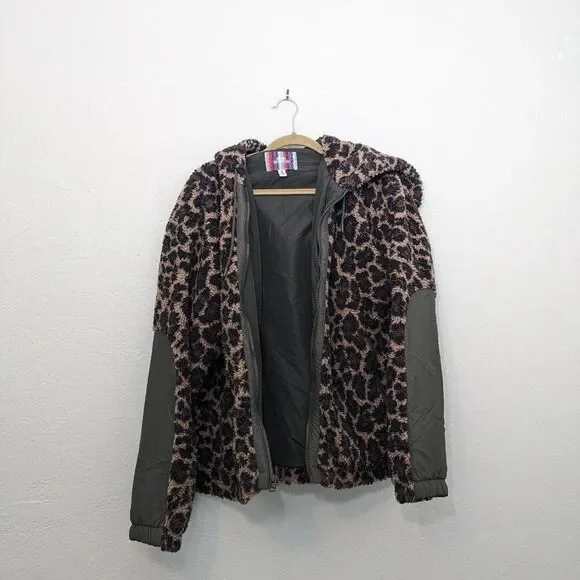 Green Leopard Cheetah Oversized Fleece Sherpa Zip Up Hooded Unisex Jacket - Picture 2 of 5